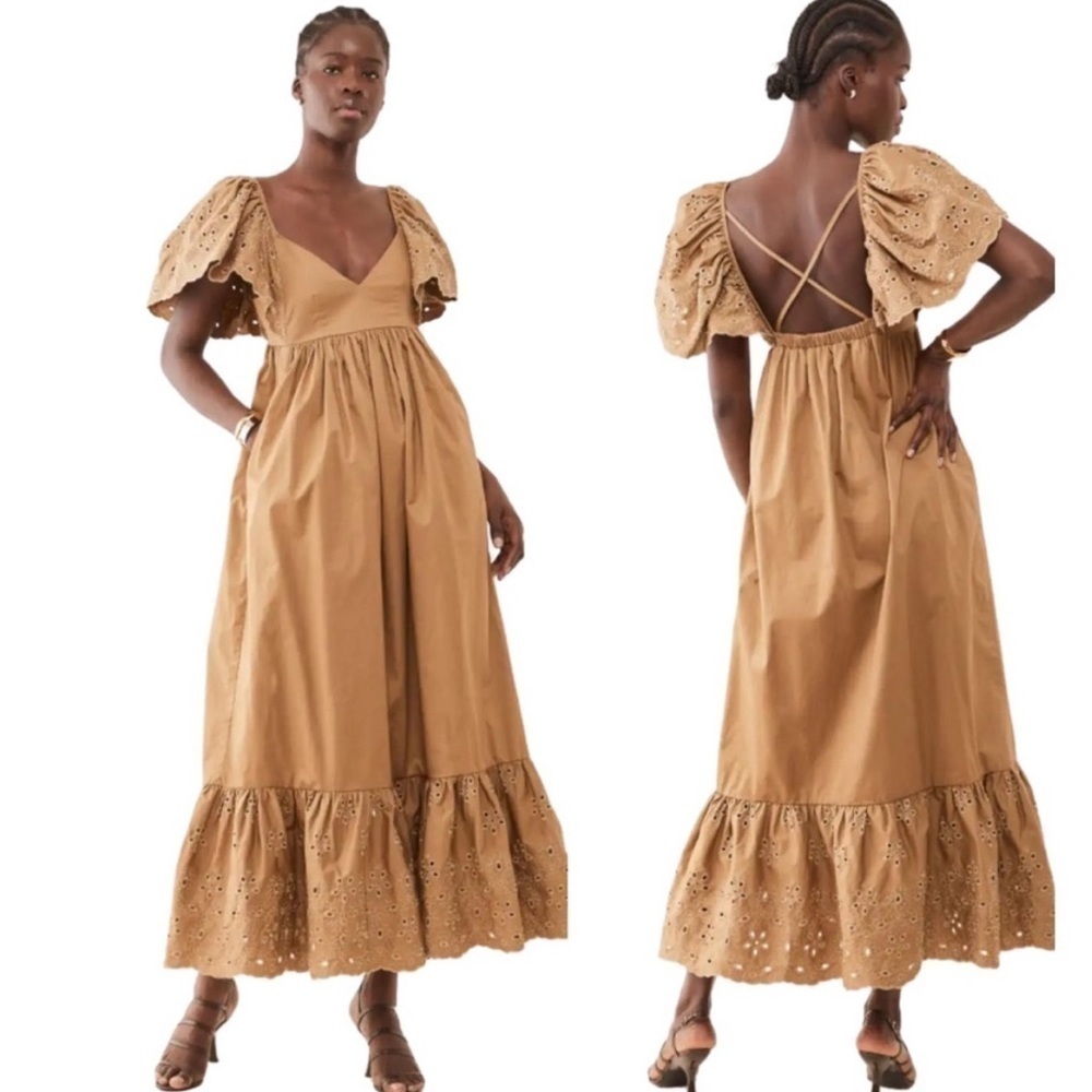 NWT En Saison Flutter Sleeves Eyelet Maxi Dress in Natural